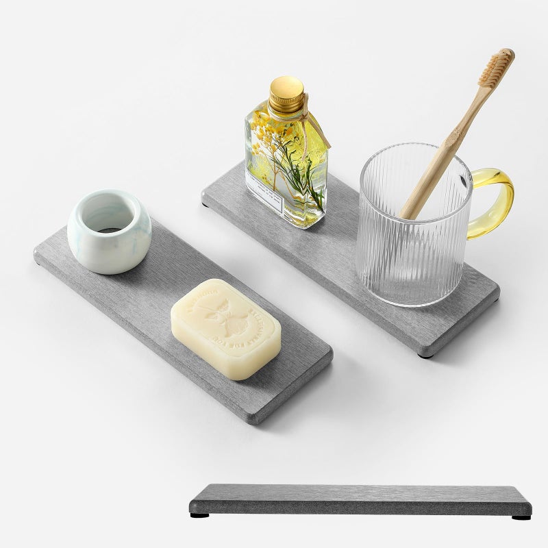 Razborci 2PCS Bathroom Counter Vanity Trays Water Absorbing Diatomite Stone Quick Drying Mat for Kitchen Sink Counter Dish Rack Soap Dispenser Sponge Holder Caddy Organizer Light Gray 9x 35