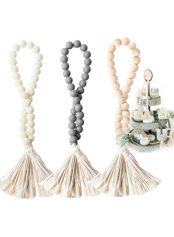3 Pcs Rustic Wood Beads with Jute Rope  Plaid Tassel, 27 Inch Natural Beads for Modern Farmhouse Boho Decor, Large Wall Hanging Decoration