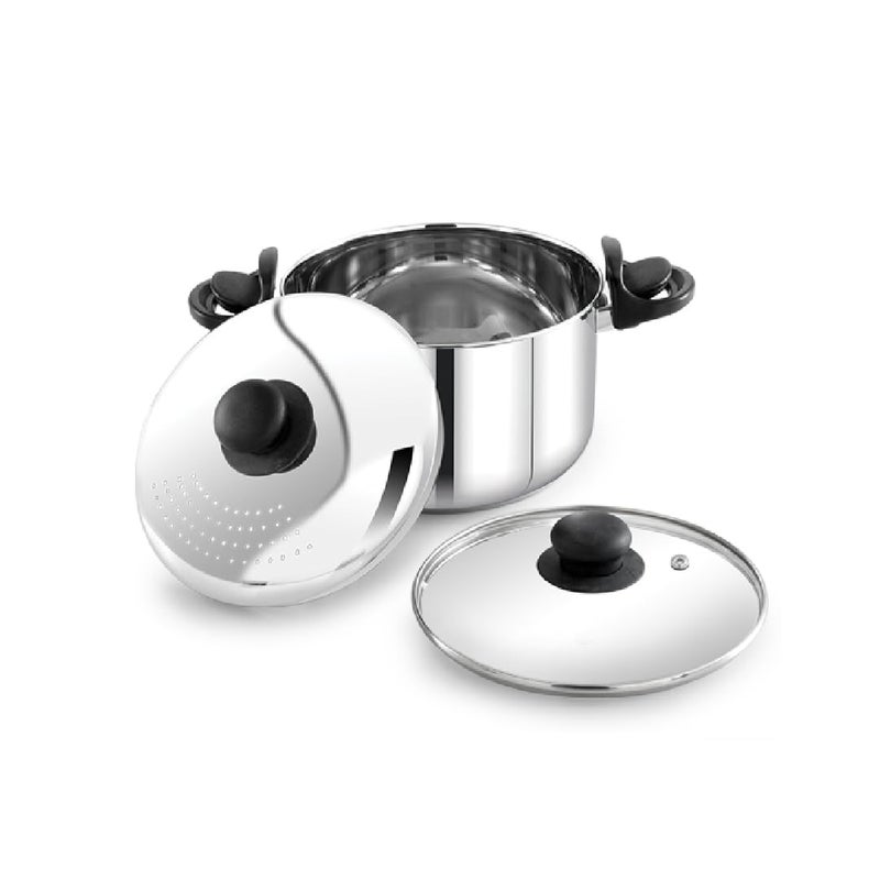 Praylady Stainless Steel Strainer Pot 3L with Glass Lid Induction Base Cooking Pot for Pasta Noodles Vegetables Rice AntiLocking 2 Year Warranty Rice Strainer Cooker Quality Cookware - Image 1