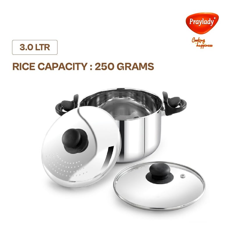 Praylady Stainless Steel Strainer Pot 3L with Glass Lid Induction Base Cooking Pot for Pasta Noodles Vegetables Rice AntiLocking 2 Year Warranty Rice Strainer Cooker Quality Cookware - Image 5