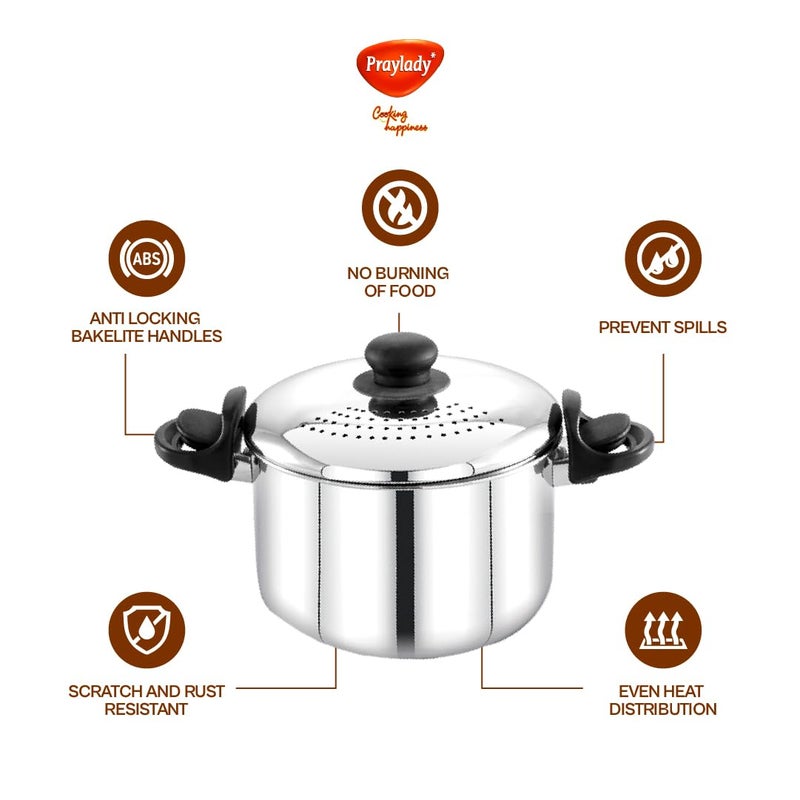 Praylady Stainless Steel Strainer Pot 3L with Glass Lid Induction Base Cooking Pot for Pasta Noodles Vegetables Rice AntiLocking 2 Year Warranty Rice Strainer Cooker Quality Cookware - Image 4