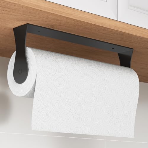 PAROTO Paper Towel Holder Under Cabinet, Stainless Steel, Wall Mount, Black Adhesive Paper Roll Holder for Kitchen and Bathroom - Image 1