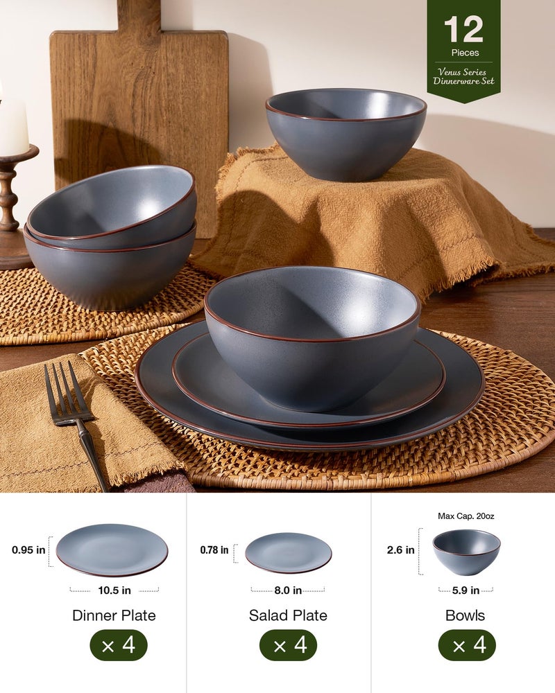 Famiware Venus Plates and Bowls Sets, 12 Pieces Stoneware Speckled Dinnerware Dishes Set for 4, Matte Charcoal - Microwave & Dishwasher Safe, Modern Minimalist, for Everyday Meals & Formal Dining - Image 5