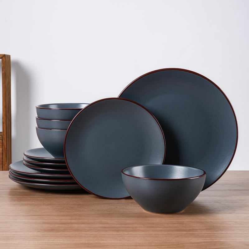 Famiware Venus Plates and Bowls Sets, 12 Pieces Stoneware Speckled Dinnerware Dishes Set for 4, Matte Charcoal - Microwave & Dishwasher Safe, Modern Minimalist, for Everyday Meals & Formal Dining - Image 1