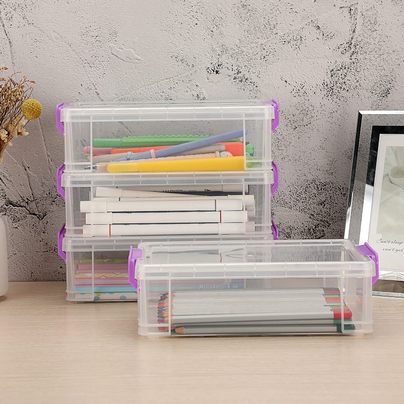BTSKY 4 Pack Extra Large Plastic Pencil Box Stackable Translucent Clear Pencil Caase Crayon Box Set, Marker Organizer Art Supply Storage Organizer for Gel Pens Pencils Erasers Tape Markers etc(Purple) - Image 5