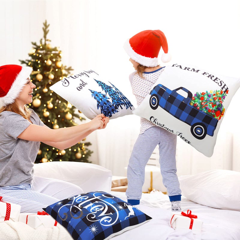 Tatuo 6 Piece Christmas Blue Pillow Cover 18x18 Inch Christmas Decorations Blue and Black Buffalo Plaid Check Pillow Covers Farmhouse Christmas Tree Snowflake Pillowcase for Sofa Xmas Winter Home Decor - Image 5