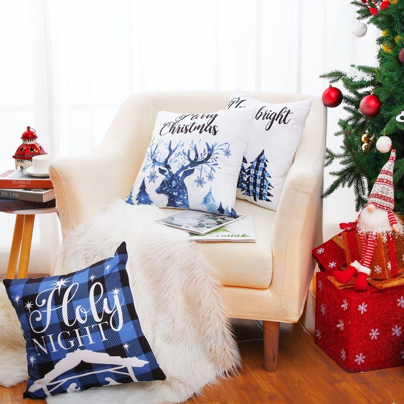 Tatuo 6 Piece Christmas Blue Pillow Cover 18x18 Inch Christmas Decorations Blue and Black Buffalo Plaid Check Pillow Covers Farmhouse Christmas Tree Snowflake Pillowcase for Sofa Xmas Winter Home Decor - Image 2