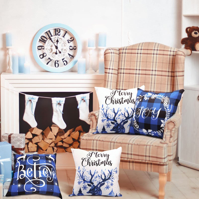 Tatuo 6 Piece Christmas Blue Pillow Cover 18x18 Inch Christmas Decorations Blue and Black Buffalo Plaid Check Pillow Covers Farmhouse Christmas Tree Snowflake Pillowcase for Sofa Xmas Winter Home Decor - Image 4