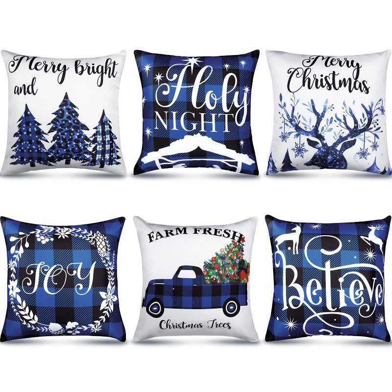 Tatuo 6 Piece Christmas Blue Pillow Cover 18x18 Inch Christmas Decorations Blue and Black Buffalo Plaid Check Pillow Covers Farmhouse Christmas Tree Snowflake Pillowcase for Sofa Xmas Winter Home Decor - Image 1