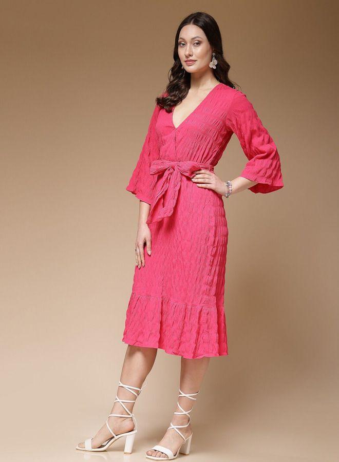 Freehand Women Pink Seersucker Wrap Front Midi Dress - Image 5