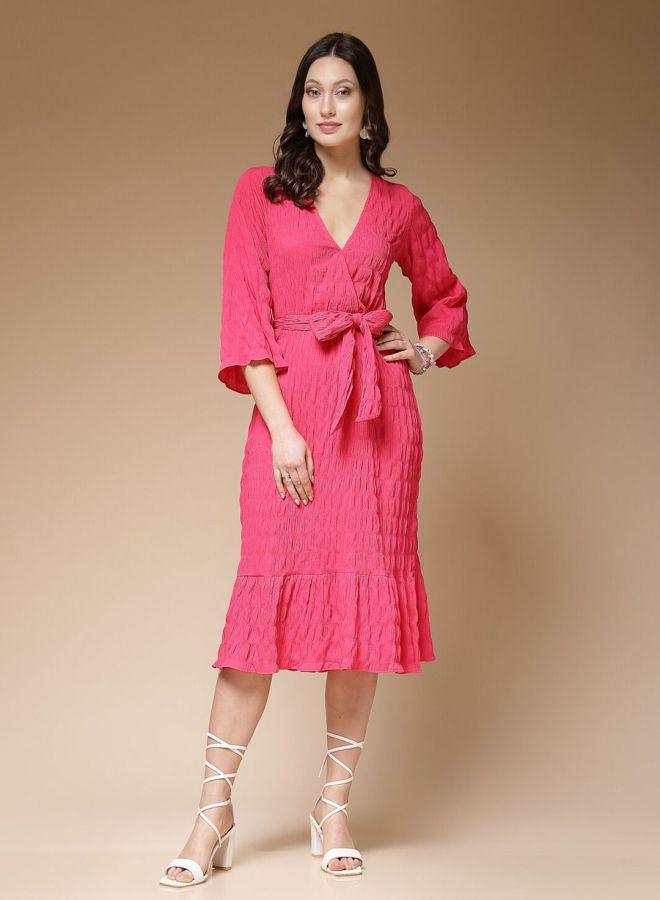Freehand Women Pink Seersucker Wrap Front Midi Dress - Image 1
