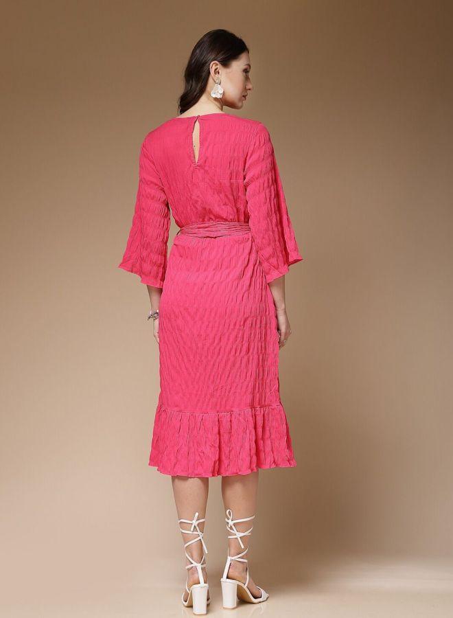 Freehand Women Pink Seersucker Wrap Front Midi Dress - Image 4