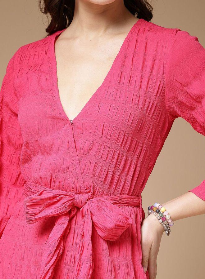 Freehand Women Pink Seersucker Wrap Front Midi Dress - Image 2