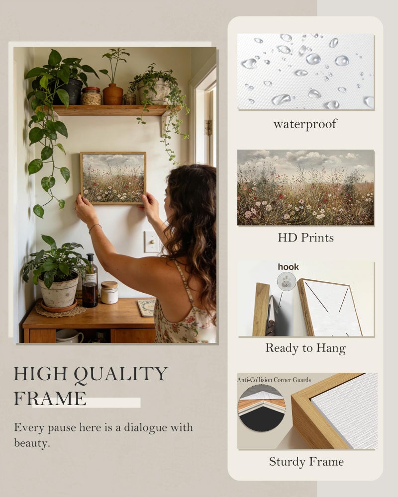 SHENIFY Vintage Landscape Framed Wall Art Meadow with Flowers Farmhouse Decor Retro Wildflower Field Scenery Painting for Kitchen Living Room Bedroom Bathroom - 8x10in Natural Framed - Image 3