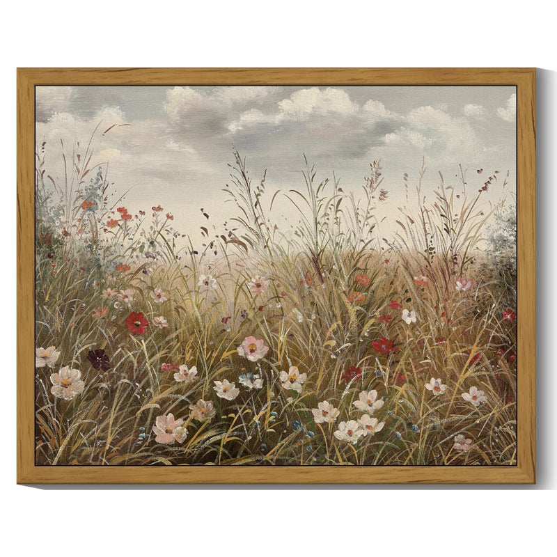 SHENIFY Vintage Landscape Framed Wall Art Meadow with Flowers Farmhouse Decor Retro Wildflower Field Scenery Painting for Kitchen Living Room Bedroom Bathroom - 8x10in Natural Framed - Image 1