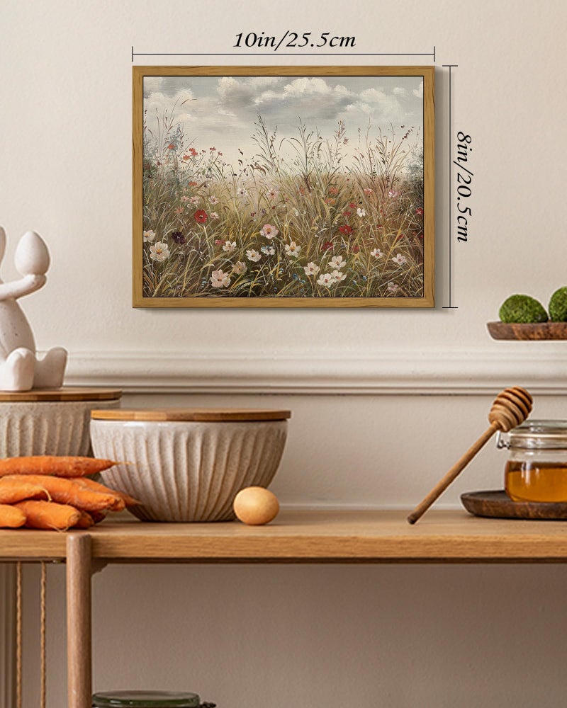 SHENIFY Vintage Landscape Framed Wall Art Meadow with Flowers Farmhouse Decor Retro Wildflower Field Scenery Painting for Kitchen Living Room Bedroom Bathroom - 8x10in Natural Framed - Image 2