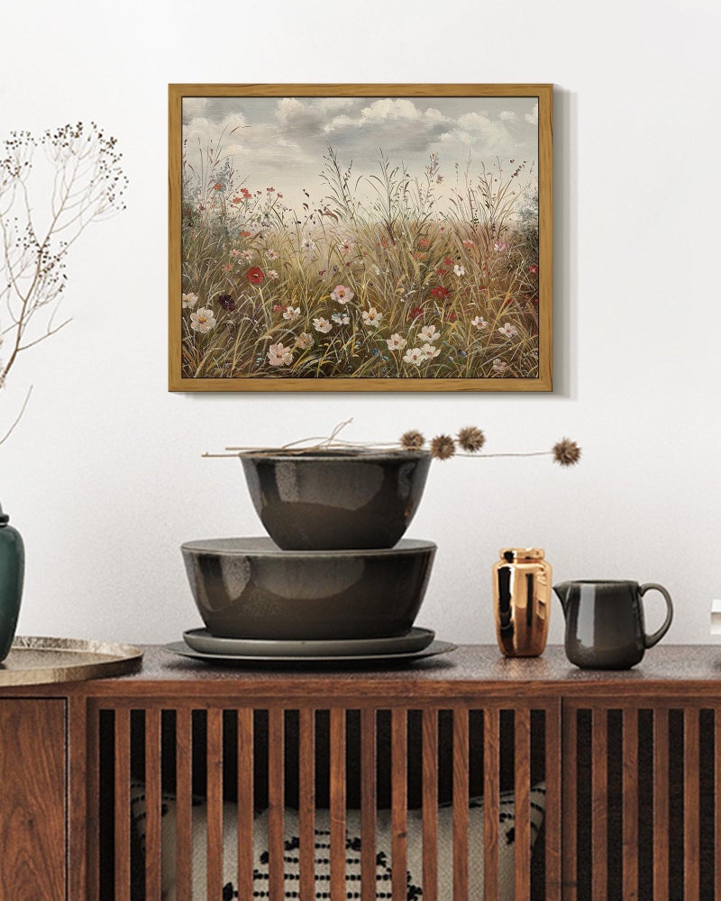 SHENIFY Vintage Landscape Framed Wall Art Meadow with Flowers Farmhouse Decor Retro Wildflower Field Scenery Painting for Kitchen Living Room Bedroom Bathroom - 8x10in Natural Framed - Image 5