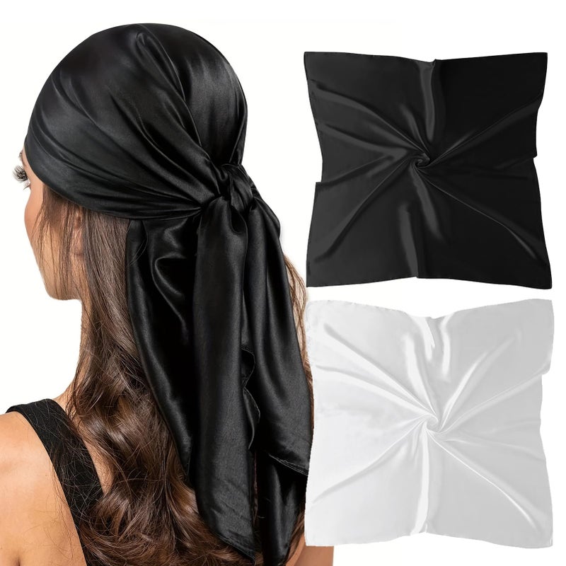 vimate وشاح شبيه بالحرير للنساء، 35 بوصة مربع، وشاح رأس أسود أبيض لتغليف الشعر في الليل (أسود وأبيض) - Image 1