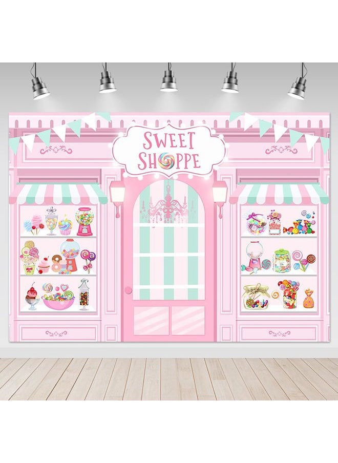 Mocsicka Sweet Shoppe Backdrop 7x5ft Dessert Parlor for Girl Birthday Party Background Decorations Donut Ice Cream Cake Table Decor Photoshoot Studio Props (Pink)  - Image 1
