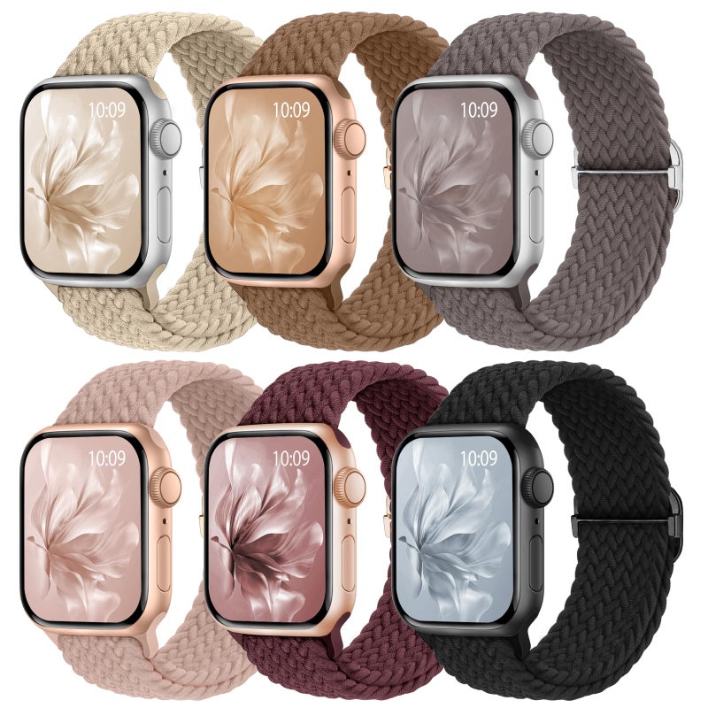 Knossen 6 Pack Braided Stretchy Bands Compatible with Apple Watch Band 38mm 40mm 41mm 42mm 44mm 45mm 46mm 49mm Women Men, Adjustable Nylon Solo Loop Elastic Straps for iWatch Series 11 10 9 8 7 6 5 4 SE Ultra - Image 1