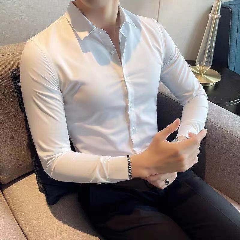 قميص رجالي رسمي بأكمام طويلة وقصة ضيقة بلون سادة - Image 2