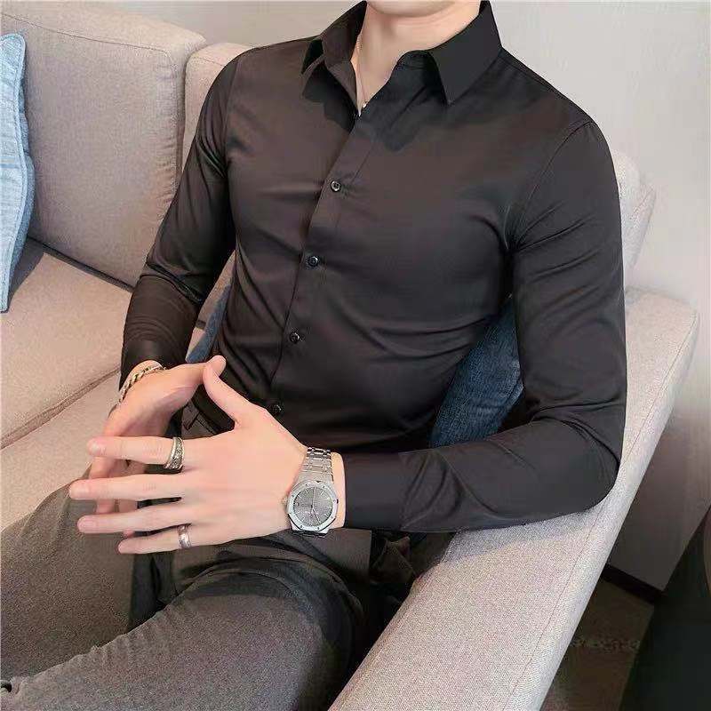 قميص رجالي رسمي بأكمام طويلة وقصة ضيقة بلون سادة - Image 3