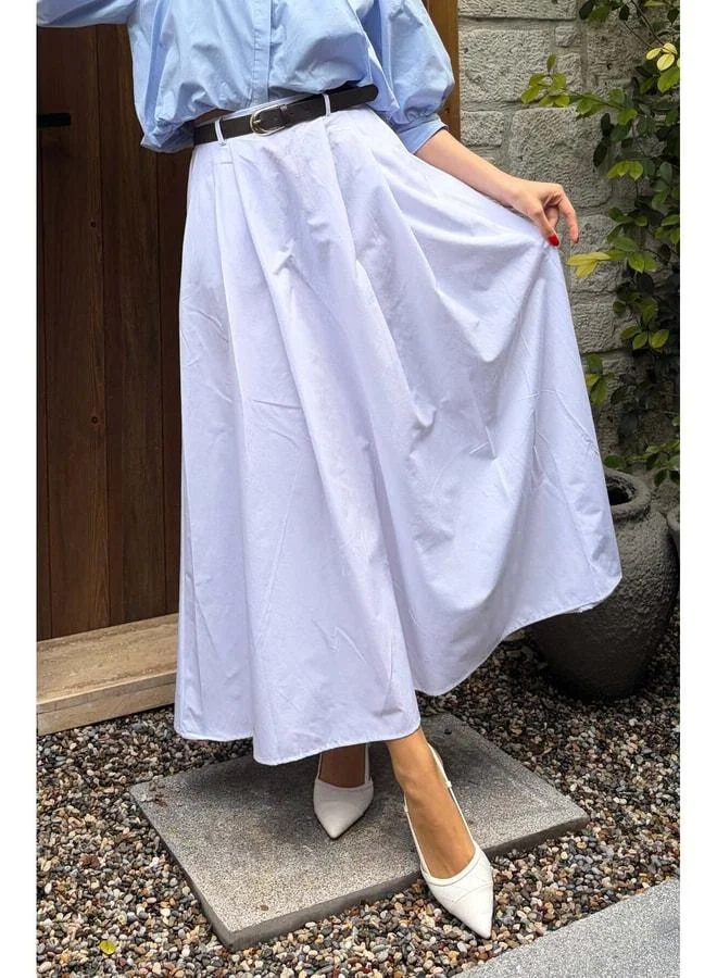 mina aise White A-Line Pleated and Belted Long Poplin Women's Skirt 31070.