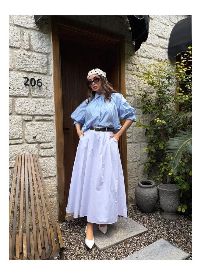 mina aise White A-Line Pleated and Belted Long Poplin Women's Skirt 31070.