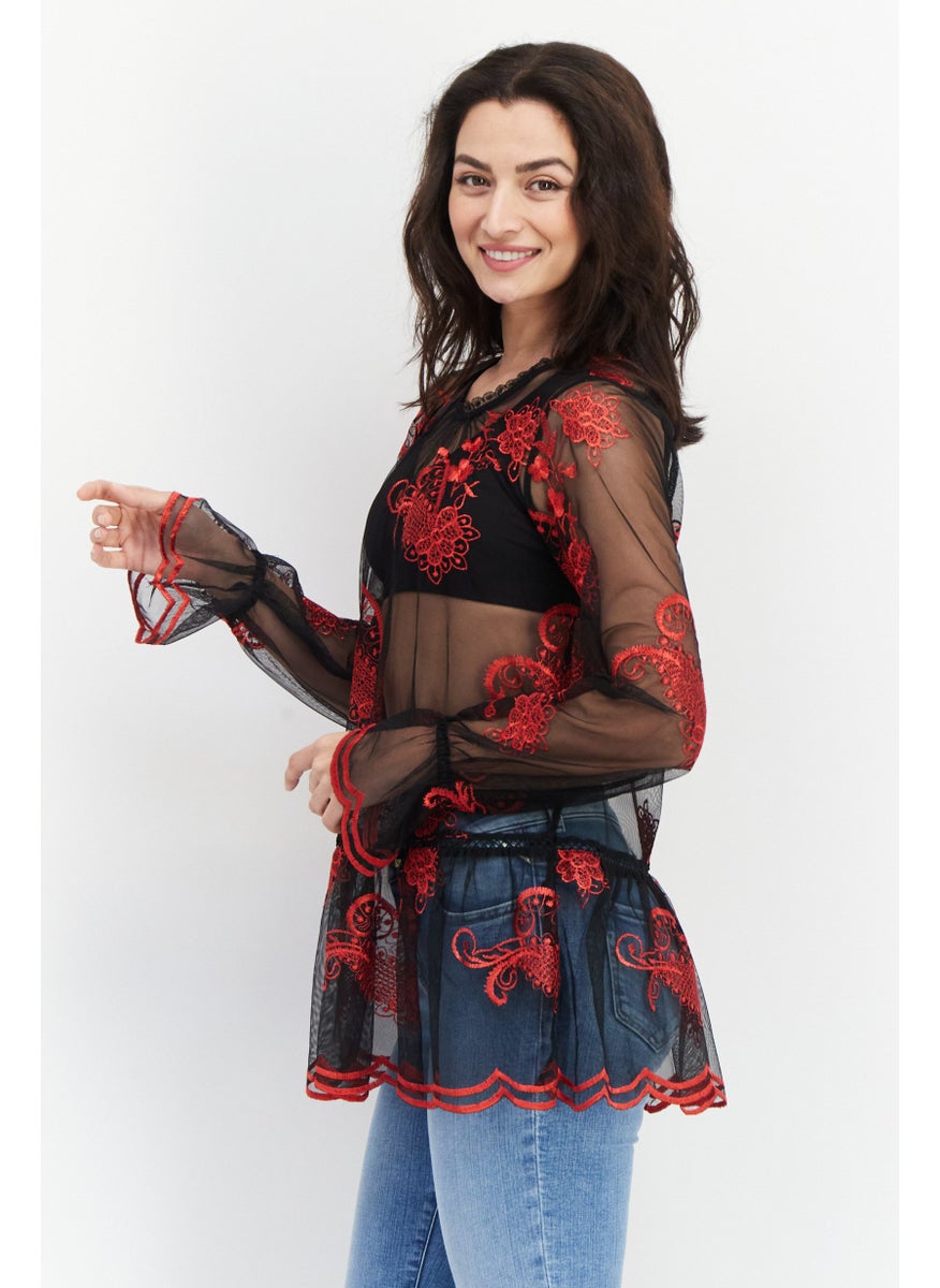 Fever Women Keyhole Embroidered  Short Sleeves  Top, Red Combo  - Image 4