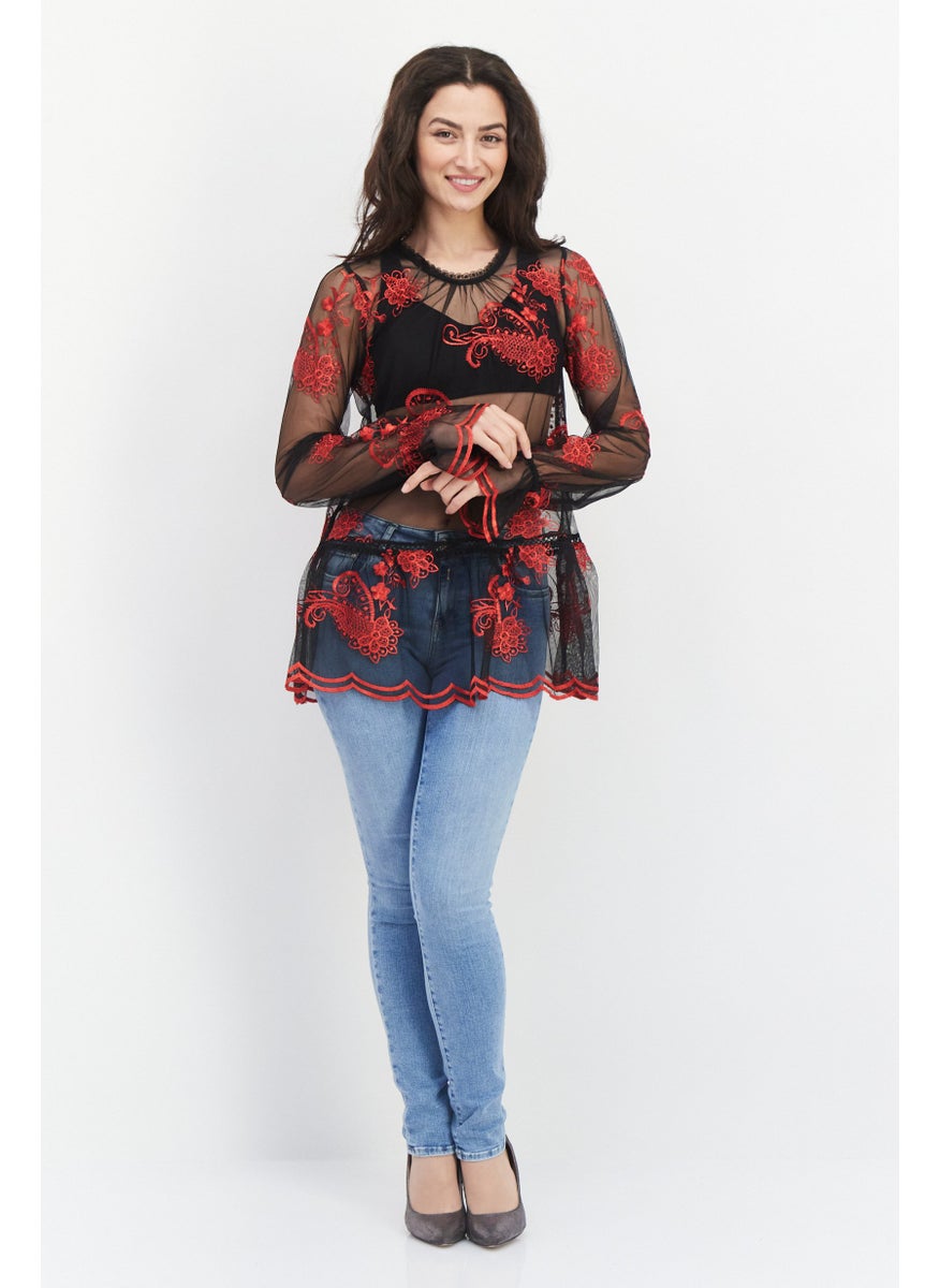 Fever Women Keyhole Embroidered  Short Sleeves  Top, Red Combo  - Image 3