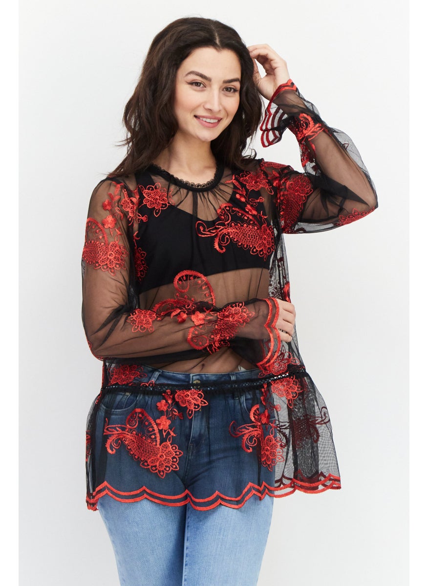 Fever Women Keyhole Embroidered  Short Sleeves  Top, Red Combo  - Image 1