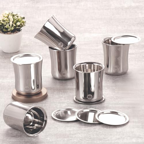 MARU Mini Double Wall Tea Glasses Set, Small Stainless Steel Cups with Lids Coaster - 120ml Each, Small Steel Glass for Kids and Adults, Ideal Chai, Milk & Coffee (Set of 6 (Double Wall), 130ml) - Image 1