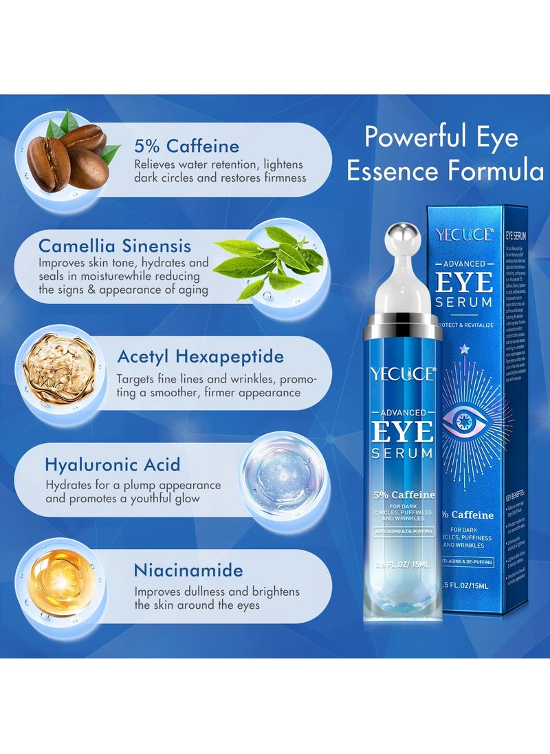 Yecuce Advanced Eye Serum Caffeine Eye Cream for Dark Circles and Wrinkles 5% Caffeine Under Eye Cream Reduce Wrinkles Relieve Puffiness and Fine Lines Daily Eye Serum with 360 Roller  Anti Aging Eye Cream 15ml  - Image 2