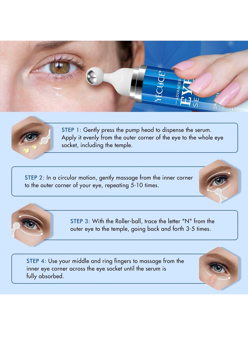 Yecuce - Advanced Eye Serum Caffeine Eye Cream for Dark Circles and Wrinkles 5% Caffeine Under Eye Cream Reduce Wrinkles Relieve Puffiness and Fine Lines Daily Eye Serum with 360 Roller  Anti Aging Eye Cream 15ml - Image 1