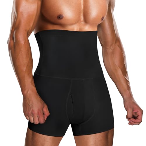 TAILONG Men Tummy Control Shorts High Waist Slimming Underwear Body Shaper Seamless Belly Girdle Boxer Briefs (Black with Fly, M) - Image 1