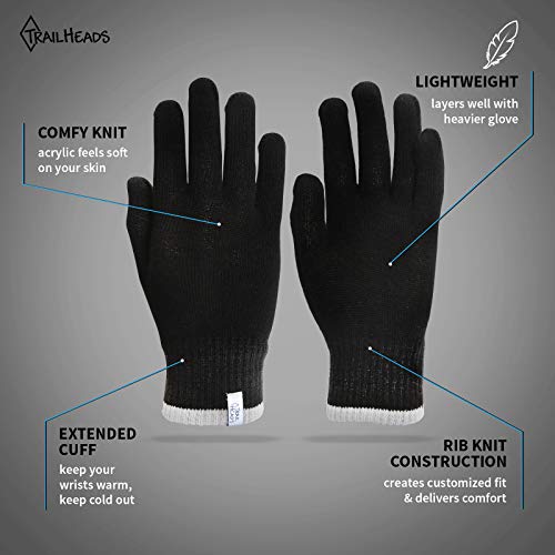 TrailHeads Light Knit Gloves | Winter Glove Liners | Base Layer Gloves for Women and Men - heather grey/black (small/medium) - Image 2