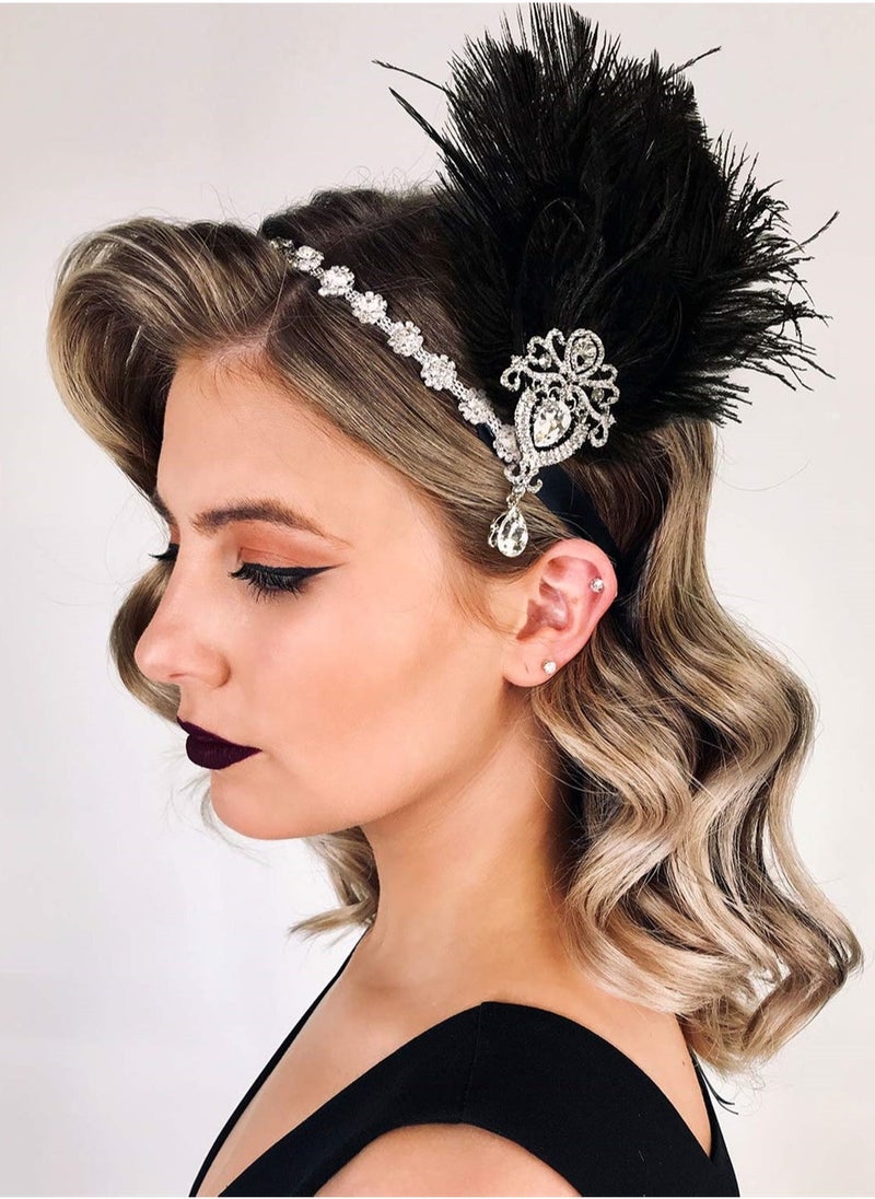 1920s Feather Headpiece, Womens Ostrich Feather Crystal Headband, Great Gatsby Hair Accessories for Women, Ribbon Tie, Flapper Accessories, Art Deco Headpiece (Black) - Image 2