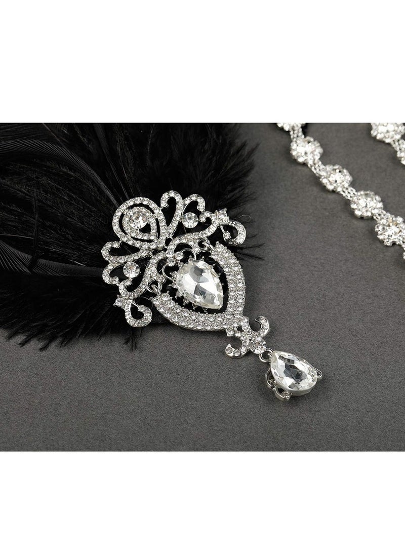 1920s Feather Headpiece, Womens Ostrich Feather Crystal Headband, Great Gatsby Hair Accessories for Women, Ribbon Tie, Flapper Accessories, Art Deco Headpiece (Black) - Image 5