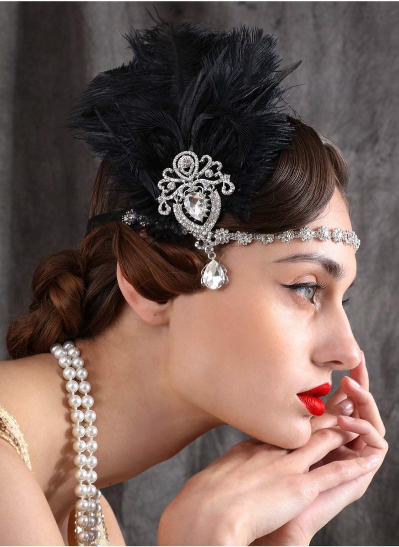 1920s Feather Headpiece, Womens Ostrich Feather Crystal Headband, Great Gatsby Hair Accessories for Women, Ribbon Tie, Flapper Accessories, Art Deco Headpiece (Black) - Image 4