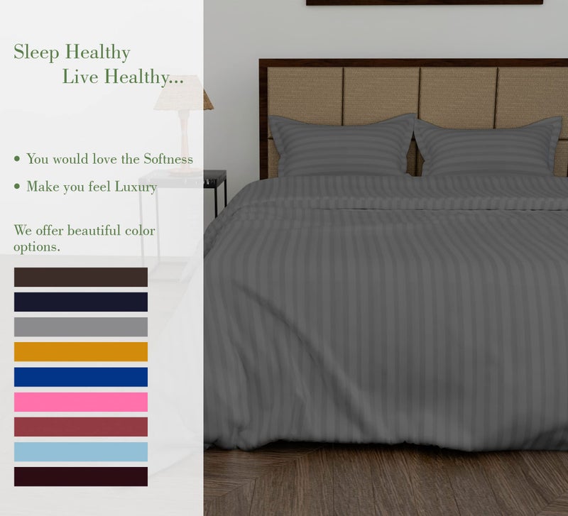 Daksh Premium Cotton 300TC Stain Striped King Size Duvet Cover/Quilt/Razai/Comforter Cover 102" x 110" with 2 Pillow Covers - Grey - Image 3