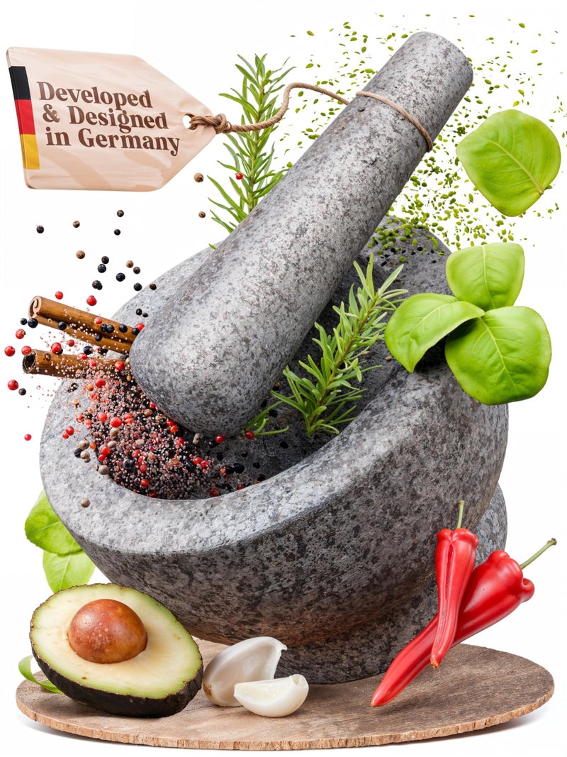 ChefSofi Mortar and Pestle Set - 6 Inch - 2 Cup Capacity - Unpolished Heavy Granite for Enhanced Performance and Organic Appearance - Included: Anti-Scratch Protector - Image 1