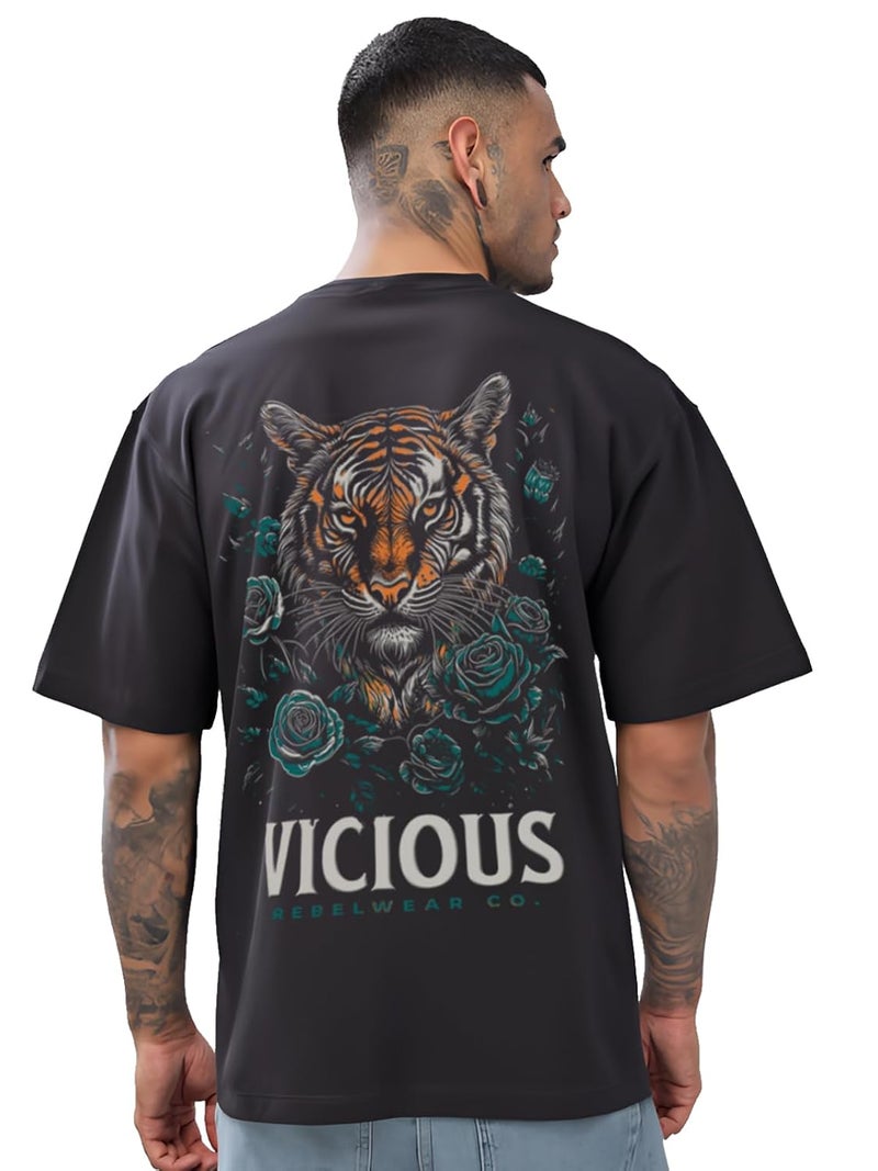 ADRO Men's Oversized Printed T-Shirt with Tiger Design and Roses - Casual Streetwear - Image 1
