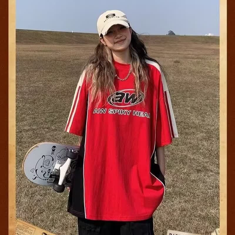 American Trendy Retro Dark Niche Design Sports Color-Blocking Deconstructed Patchwork Racing Style Short-Sleeve T-Shirt - Image 4