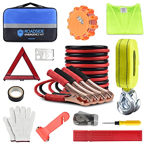 PACETAP Car Roadside Emergency Kit, Essential Auto Safety Road Side Assistance Tool Kit with LED Road Flare, Jumper Cables, Towing Rope, Triangle and More Winter Vehicle Accessories - Image 1