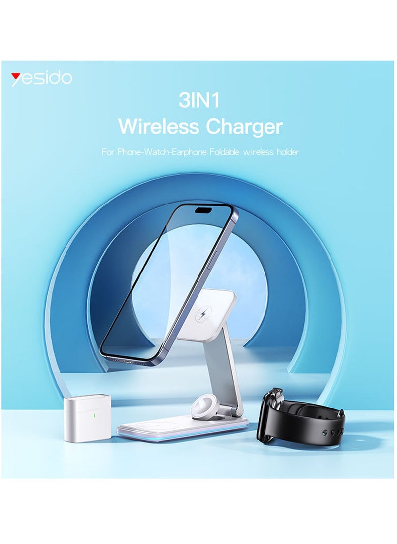 Yesido - Yesido DS17 High Quality Magnetic 3 In 1 Foldable Desktop Wireless Charging Dock Stand Charger for iPhone - White - Image 1