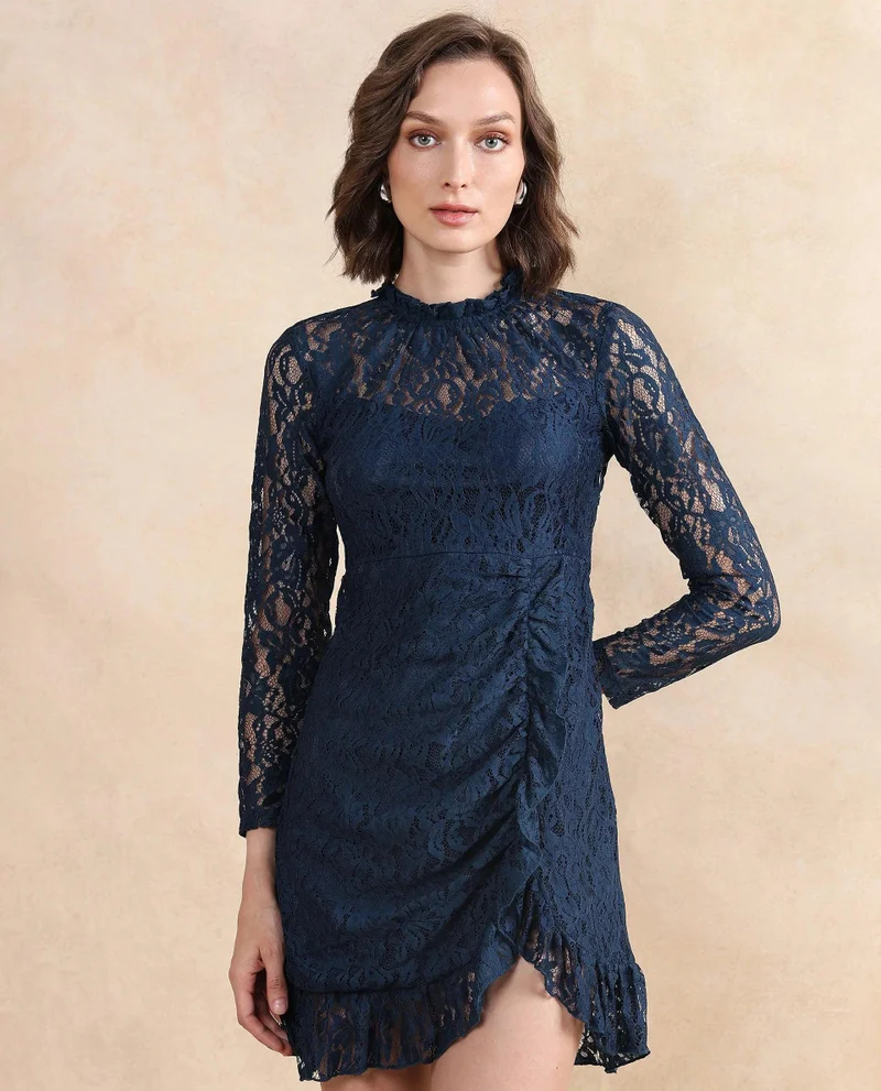Rareism Women's Lace Dress With Ruffled Neck