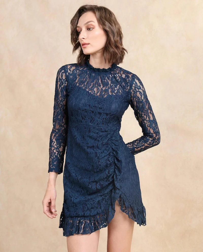 Rareism Women's Lace Dress With Ruffled Neck
