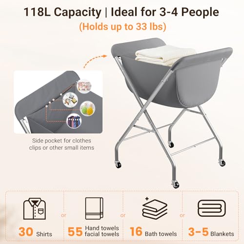 ELYKEN Laundry Cart with Wheels, 33”H Easy Rolling Laundry Hamper with Removable Liner Bag, Sturdy Metal Frame Clothes Basket with 4 Casters and 2 Brakes - Image 4