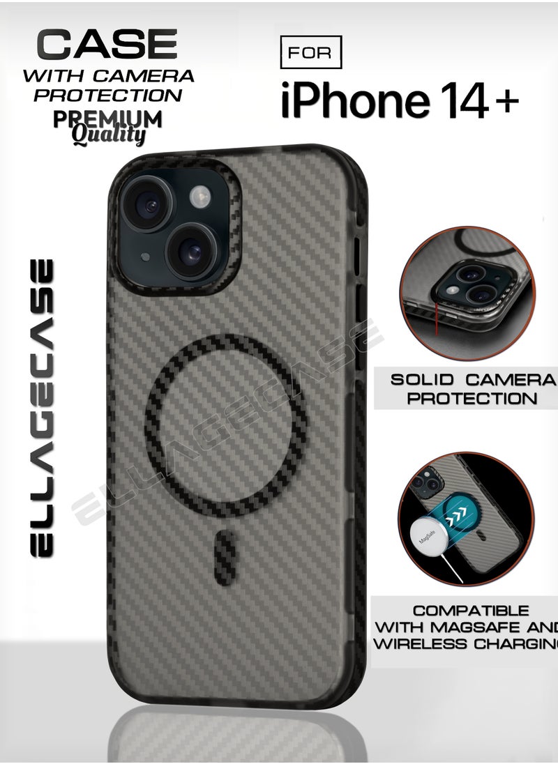 ELLAGECASE - Carbon Case for iPhone 14 Plus, Plastic-coated Carbon, Solid Camera Protection, Shockproof, Enhanced Protection, Compatible with Magsafe and Wireless Charging - Image 1