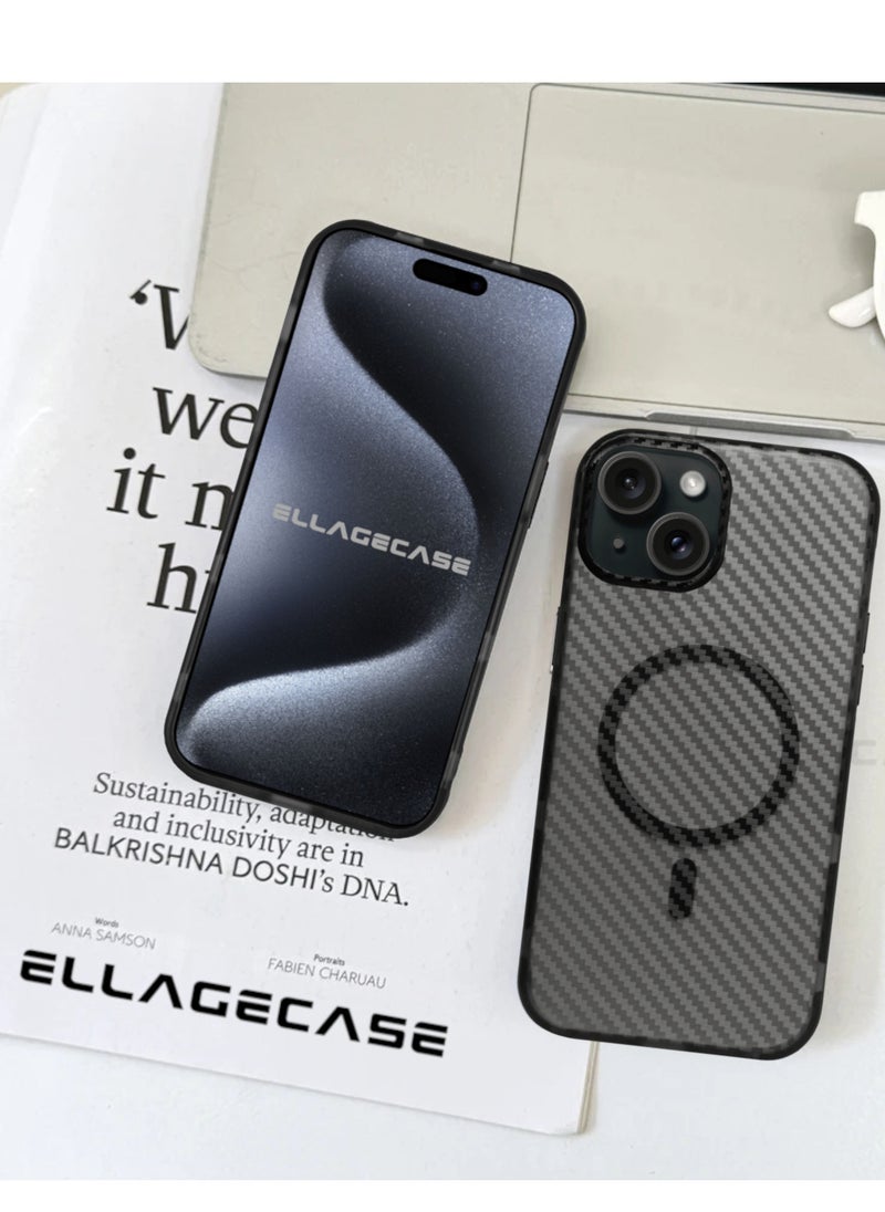 ELLAGECASE - Carbon Case for iPhone 14 Plus, Plastic-coated Carbon, Solid Camera Protection, Shockproof, Enhanced Protection, Compatible with Magsafe and Wireless Charging - Image 1